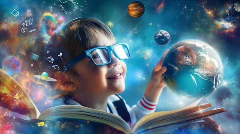 colorful illustration of a boy with glasses touching earth emerging from an open book learning